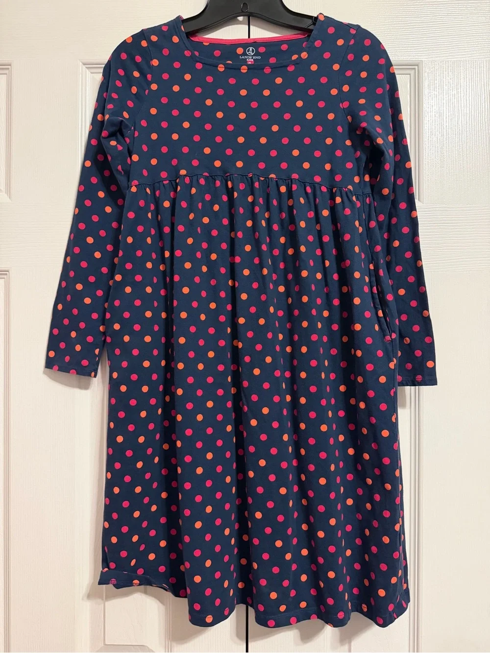 Land’s End Navy Long-Sleeve Dress with Pink and Coral Polka Dots and Pockets